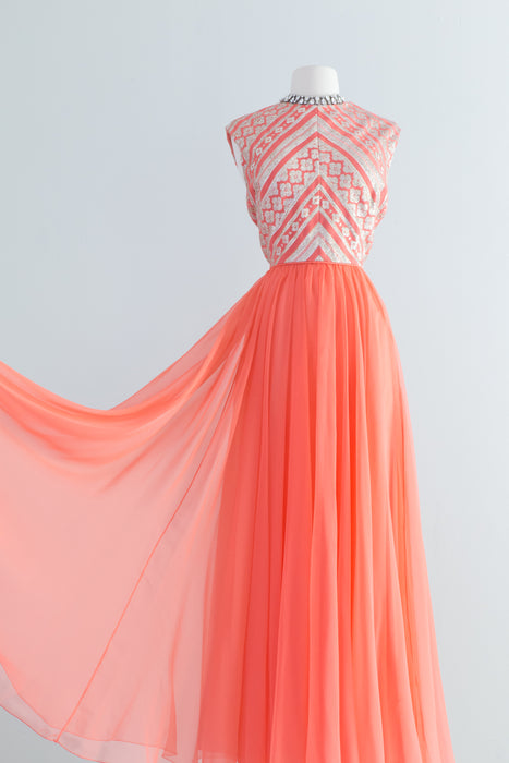 Fabulous 1960s Coral Chiffon Evening Gown By Jerry Silverman / ML