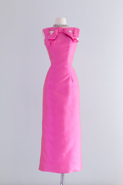 Vintage 1960's Jackie Pink Silk Evening Gown With Bow Neckline / Small