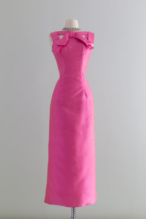 Vintage 1960's Jackie Pink Silk Evening Gown With Bow Neckline / Small
