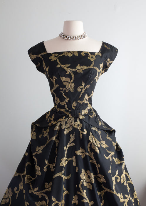 Spectacular 1950's Gold Embroidered Black Taffeta Party Dress By Emma Domb / Waist 26