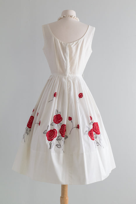 1950's Crisp Cotton Summer Dress With Embroidered Rose Skirt / Small