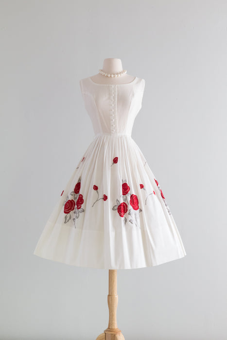 1950's Crisp Cotton Summer Dress With Embroidered Rose Skirt / Small Xtabay Vintage 1950's Crisp Cotton Summer Dress With Embroidered Rose Skirt / Small Xtabay Vintage