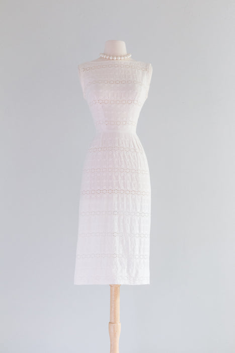 Sexy 1950's White Cotton Eyelet Wiggle Dress By L'Aignon / Small