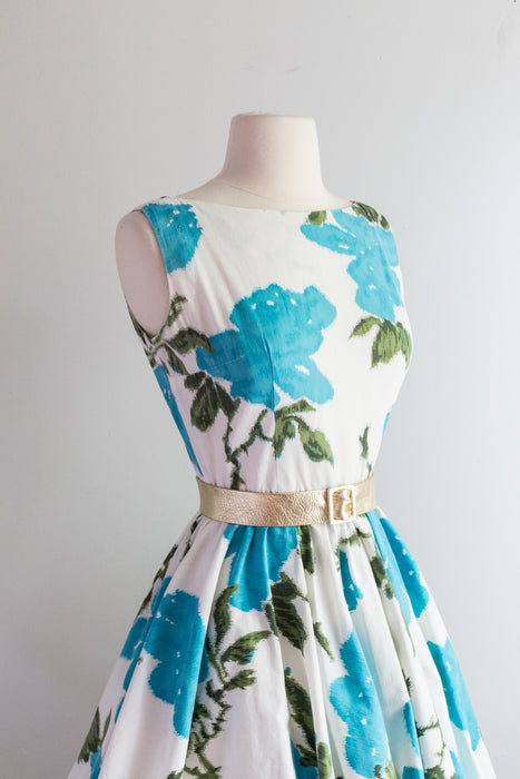 Fabulous 1950's Jerry Gilden Turquoise Blossom Cotton Dress / Small