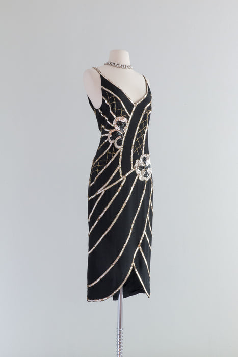 Fabulous 1920's Black & Gold Silk Flapper Style Dress / SM