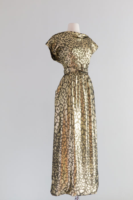 Fabulous 1970's Pauline Trigere Glam Gold Leopard Print Gown / Medium