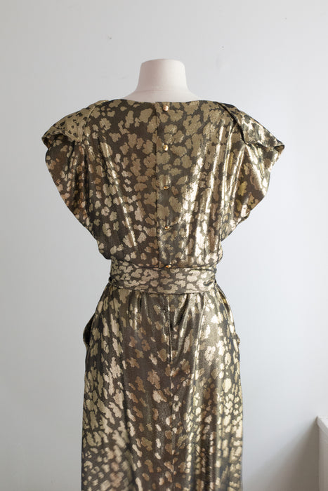 Fabulous 1970's Pauline Trigere Glam Gold Leopard Print Gown / Medium