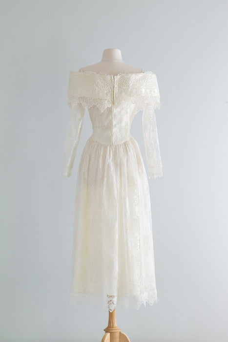 Vintage 1980s Romantic Lace Midi Length Wedding Dress by Jessica McClintock / Medium