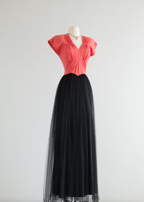 Elegant 1940's Coral Rayon and Black Net Evening Gown / Small