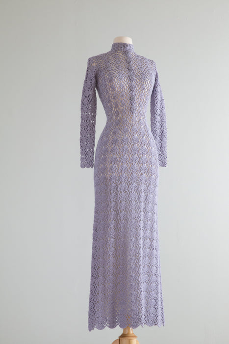 1970's Mystical Periwinkle Crochet Maxi Dress With Scalloped Edges and Buttons / OS