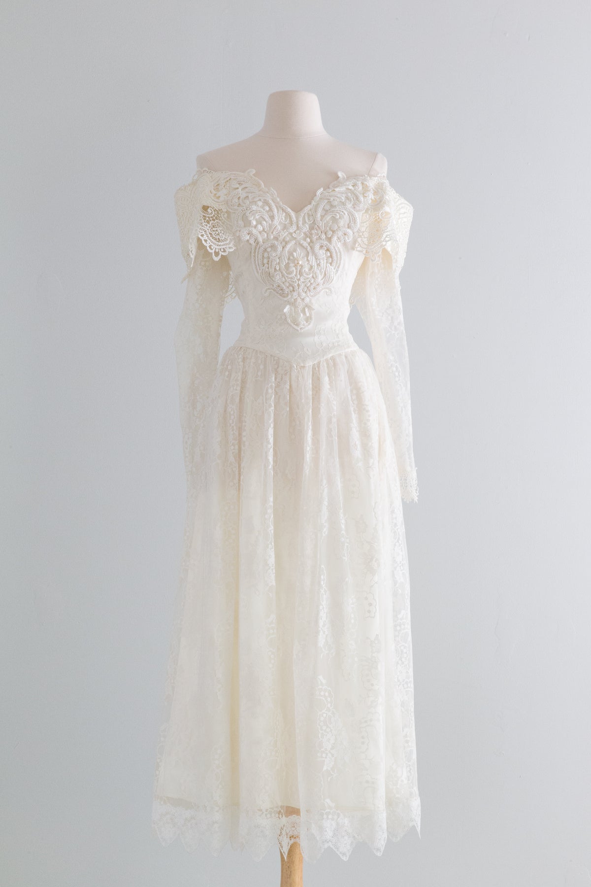 Vintage 1980s Romantic Lace Midi Length Wedding Dress by Jessica