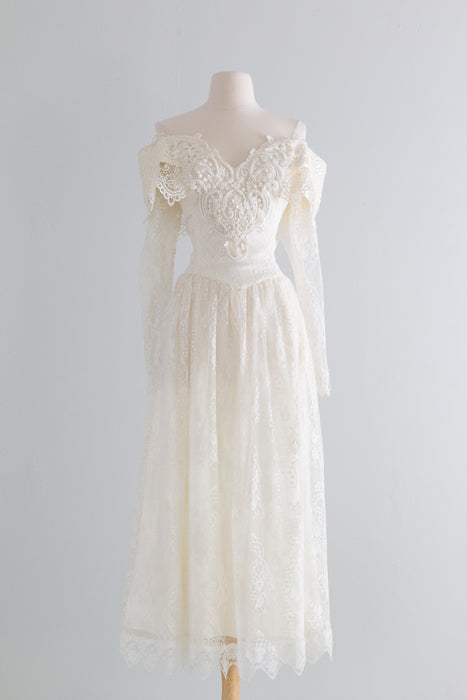 Vintage 1980s Romantic Lace Midi Length Wedding Dress by Jessica McClintock / Medium