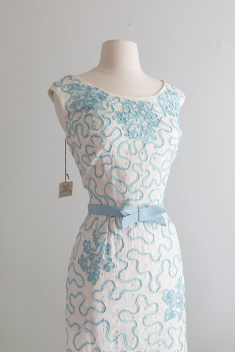 Stunning NOS White Cotton Eyelet Wiggle Dress With Light Blue Soutache and Bow Belt / ML