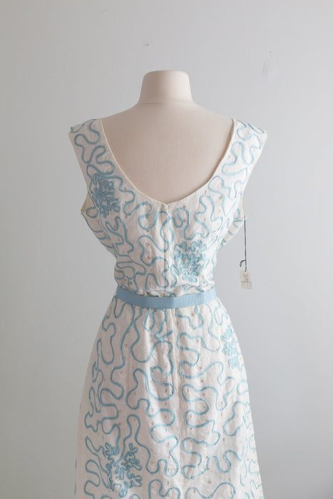 Stunning NOS White Cotton Eyelet Wiggle Dress With Light Blue Soutache and Bow Belt / ML