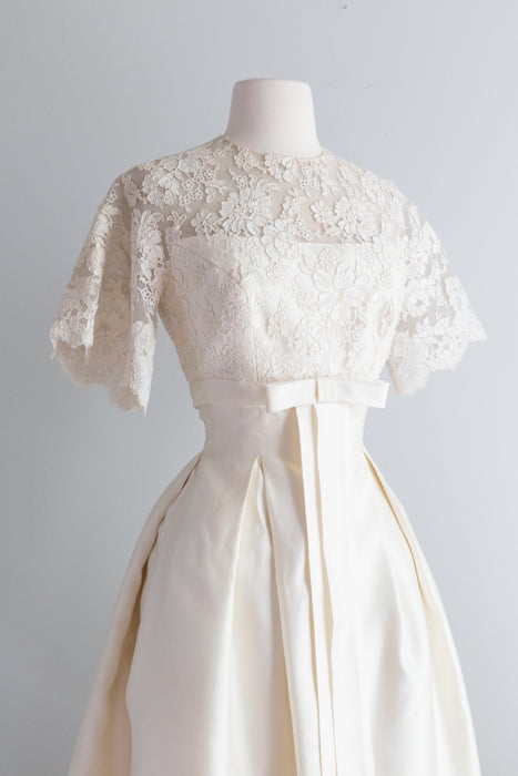 Classic Early 1960's Silk And Lace Wedding Dress By William Cahill / XS