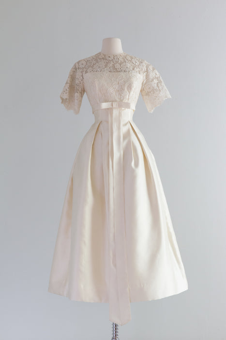 Classic Early 1960's Silk And Lace Wedding Dress By William Cahill / XS