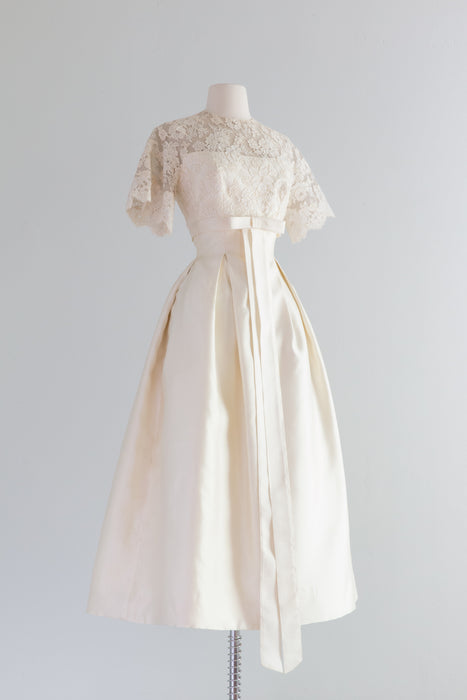 Classic Early 1960's Silk And Lace Wedding Dress By William Cahill / XS