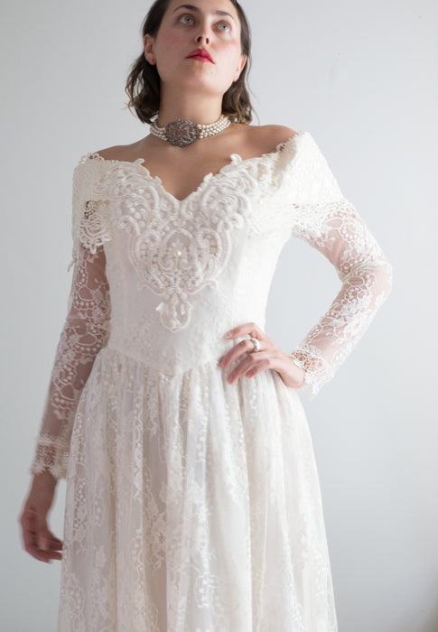 Vintage 1980s Romantic Lace Midi Length Wedding Dress by Jessica McClintock / Medium