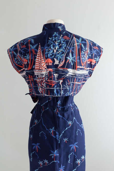Rare 1950's Lauhala Hawaiian Novelty Print Cotton Sarong Dress With Bolero / Waist 30