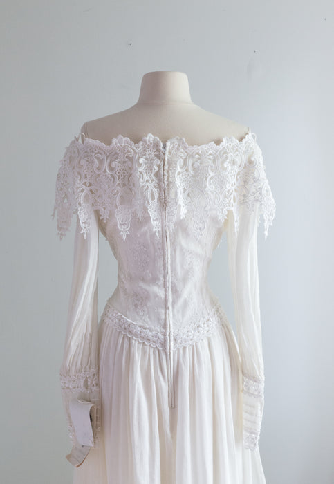 Vintage 1980s NOS Romantic Cotton Lace Midi Length Wedding Dress by Jessica McClintock / Medium