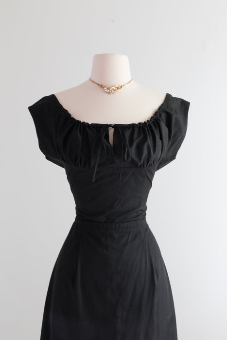 Rare Late 1940's Pauline Trigere Black Cotton Summer Dress With Drawstrings / Med.