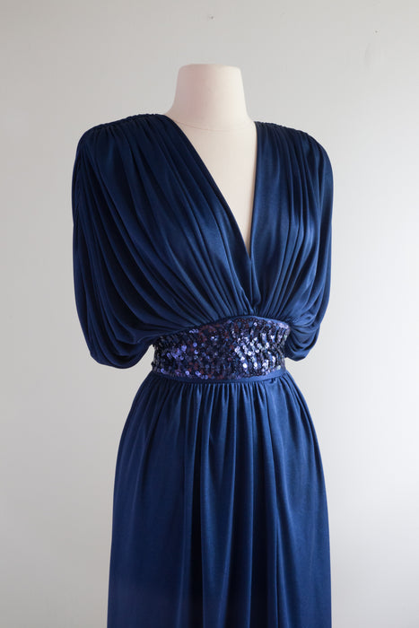 Vintage 1980s Blue Sapphire Evening Dress / Medium