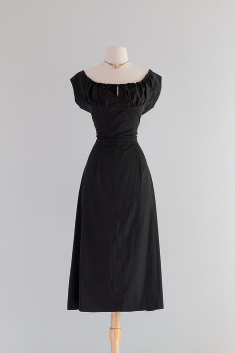 Rare Late 1940's Pauline Trigere Black Cotton Summer Dress With Drawstrings / Med.