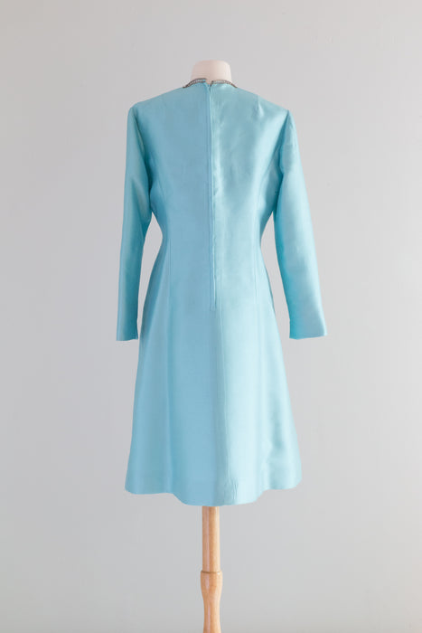 Fabulous 1960's Aqua Blue Shantung Silk Cocktail Dress By Carrie Couture / ML