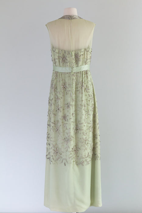 Stunning 1960's Heavily Beaded Absinthe Green Evening Gown / Medium