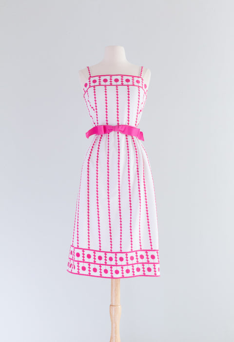 Fabulous 1970's Candy Striped Embroidered Cotton Dress By Victor Costa / XS