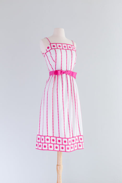 Fabulous 1970's Candy Striped Embroidered Cotton Dress By Victor Costa / XS