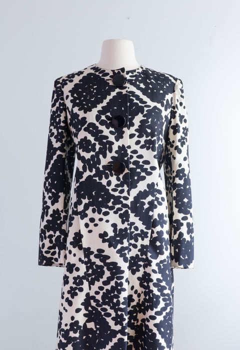 Iconic 1960's Pauline Trigere Abstract Black & White Silk Coat / ML