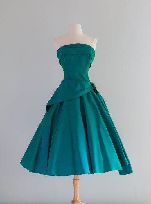 1950's Iridescent Peacock Green Party Dress By Fred Perlberg / Waist 30-31"