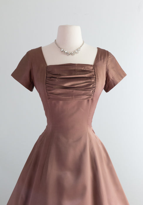 1950's Jane Hodges Rosewood Party Dress With Full Skirt And Bow Back / Small