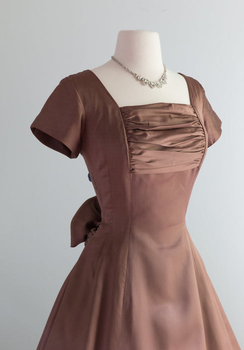 1950's Jane Hodges Rosewood Party Dress With Full Skirt And Bow Back / Small