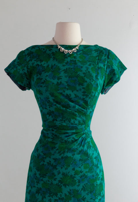 Fabulous 1950's Green Floral Jersey Wiggle Dress /  Waist
