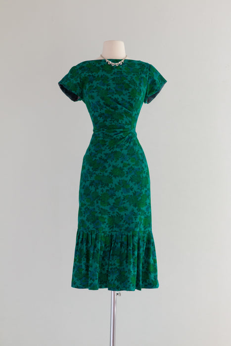 Fabulous 1950's Green Floral Jersey Wiggle Dress /  Waist