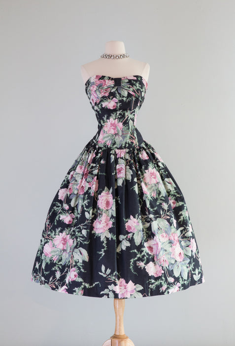 Dreamy 1980's Bucolic Rose Floral Print Cotton Party Dress / Waist 30"