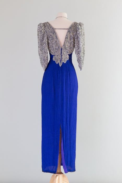 Spectacular 1980's Blue Steel Beaded Glamour Evening Gown / Small