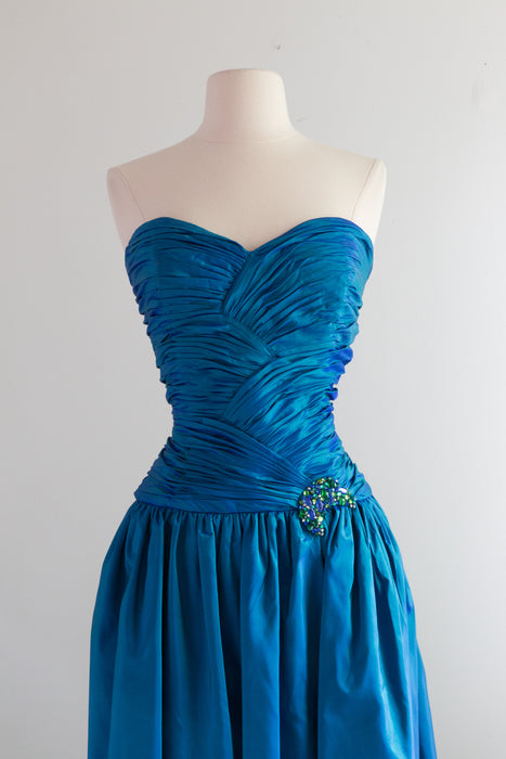 Vintage 1980's Iridescent Mermaid Blue Green Silk Evening Gown / Waist 28"