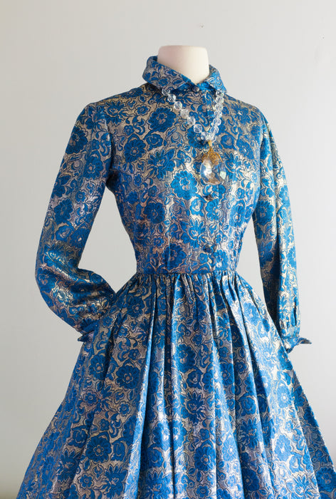 1950's Blue & Gold Rococo Inspired Party Dress From Bullocks / Waist 26