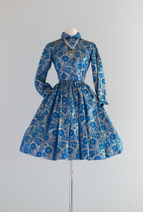1950's Blue & Gold Rococo Inspired Party Dress From Bullocks / Waist 26