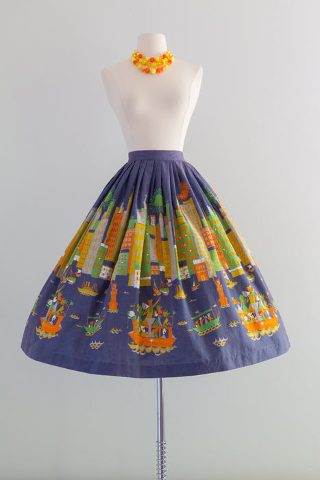 Rare 1950's "The Sightseers" Novelty Print New York City Cotton Skirt / Small