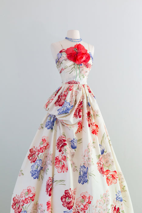Spectacular 1950's Emma Domb Poppy Print Ball Gown / Waist 28"