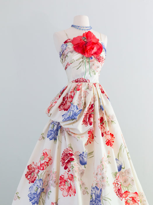 Spectacular 1950's Emma Domb Poppy Print Ball Gown / Waist 28"