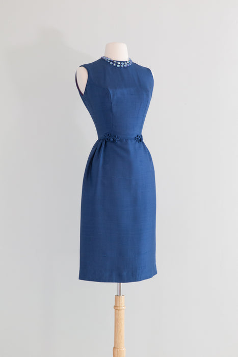 Elegant 1960's Prussian Blue Silk Wiggle Dress / Small