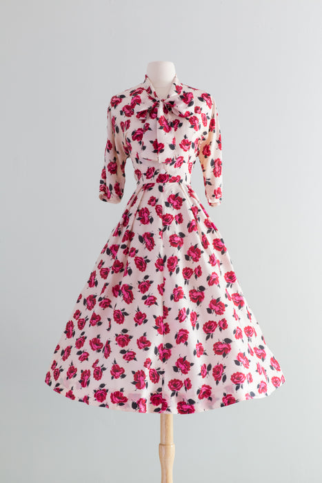 1950's Silk Rose Print Dress with Bow Front and Full Skirt / Medium