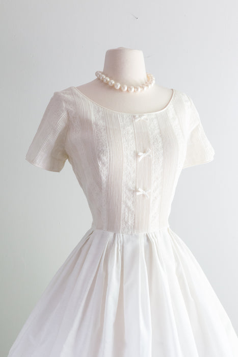 Vintage Ivory Cotton Pleated Party Dress With Pin Tucks and Bows / Medium