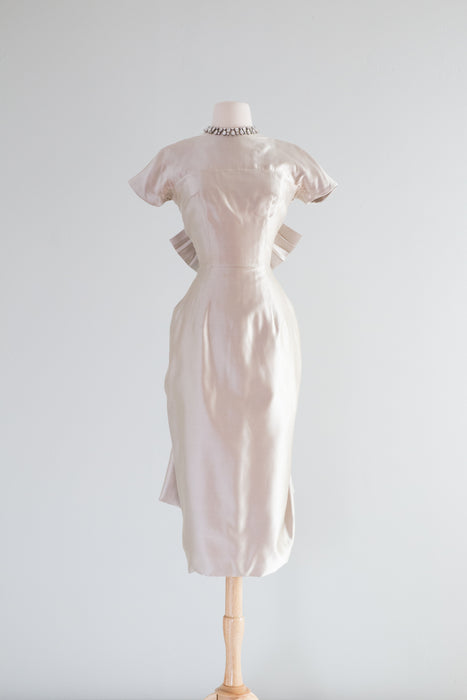Sublime 1950's Liquid Silver Silk Cocktail Dress With Dramatic Back / Waist 26