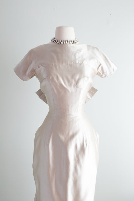 Sublime 1950's Liquid Silver Silk Cocktail Dress With Dramatic Back / Waist 26